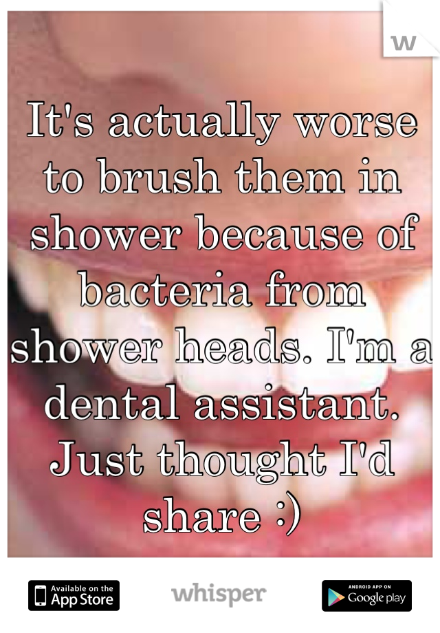 It's actually worse to brush them in shower because of bacteria from shower heads. I'm a dental assistant. Just thought I'd share :)