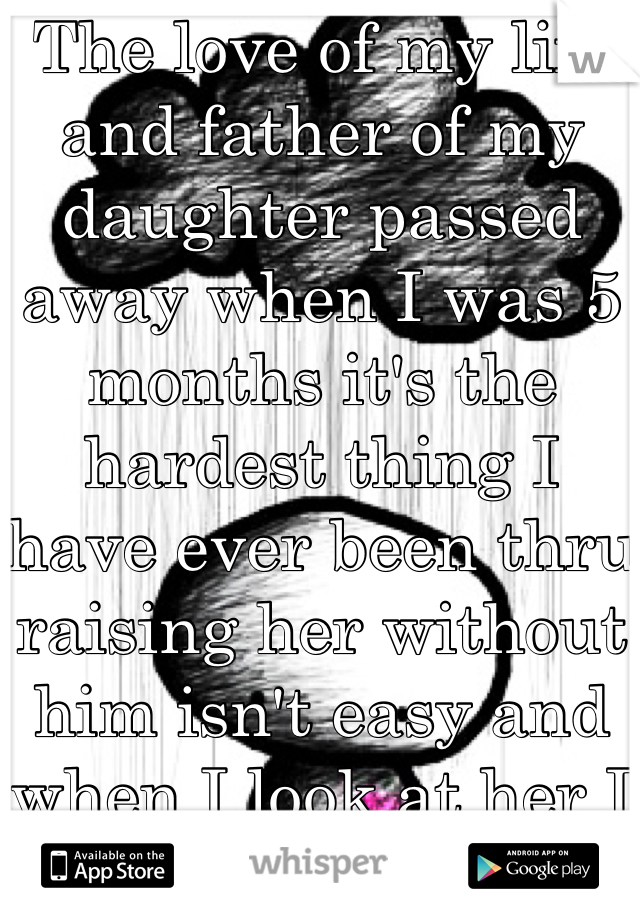 The love of my life and father of my daughter passed away when I was 5 months it's the hardest thing I have ever been thru raising her without him isn't easy and when I look at her I see only him :( 