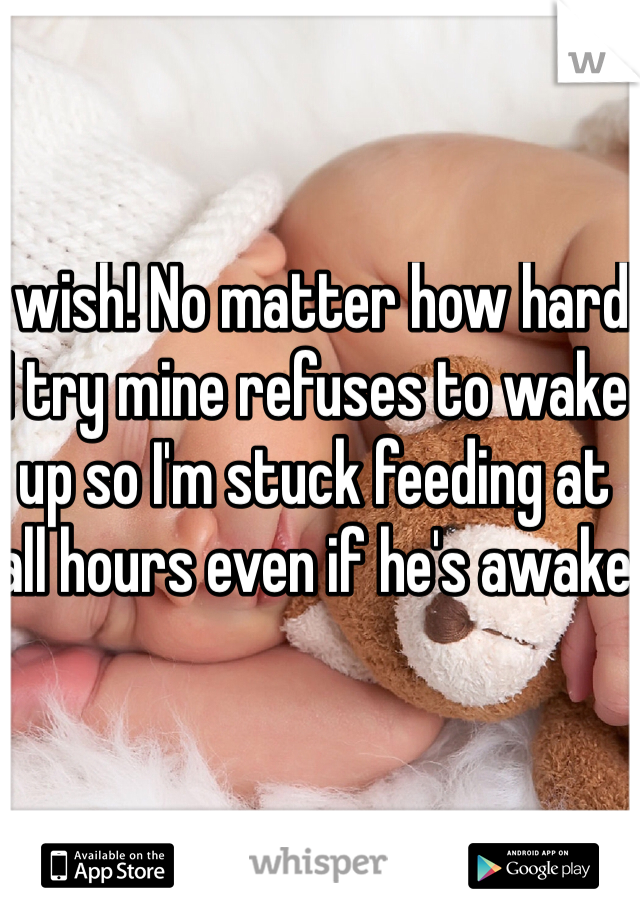 I wish! No matter how hard I try mine refuses to wake up so I'm stuck feeding at all hours even if he's awake 