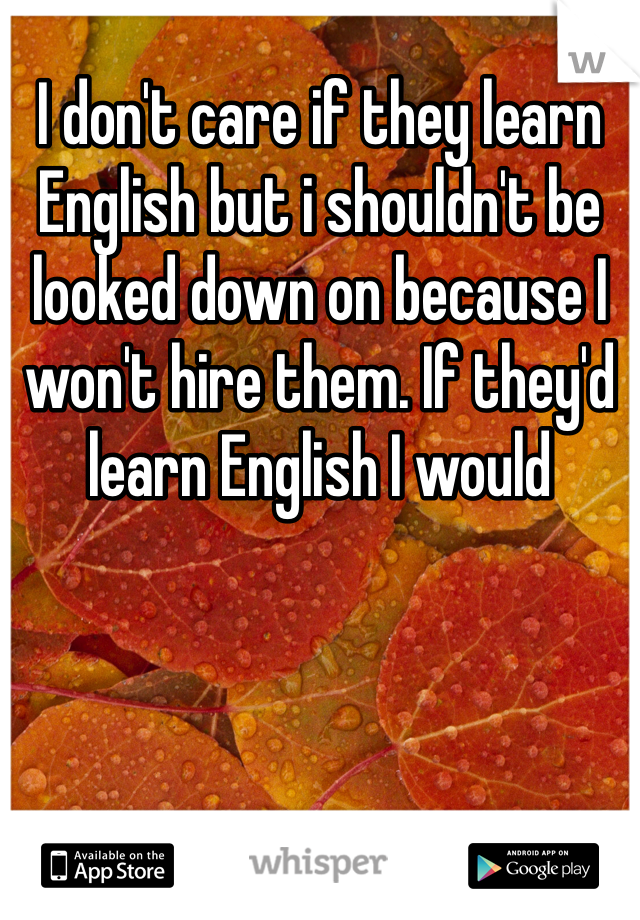 I don't care if they learn English but i shouldn't be looked down on because I won't hire them. If they'd learn English I would
