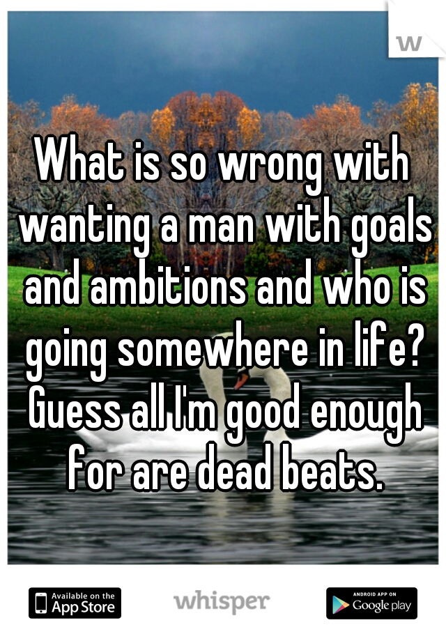 What is so wrong with wanting a man with goals and ambitions and who is going somewhere in life? Guess all I'm good enough for are dead beats.