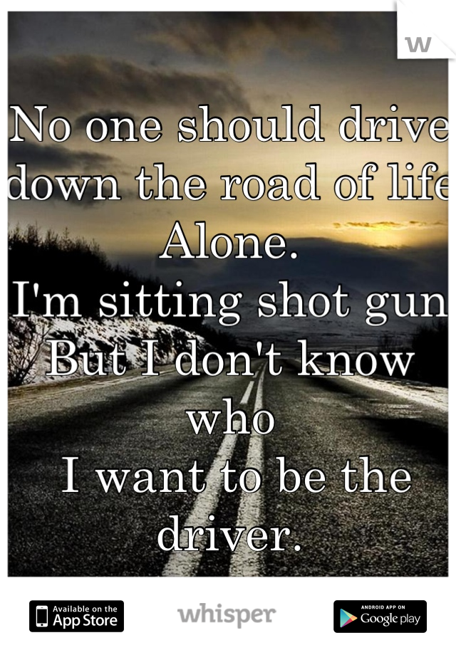 No one should drive 
down the road of life
Alone. 
I'm sitting shot gun 
But I don't know who
 I want to be the driver.