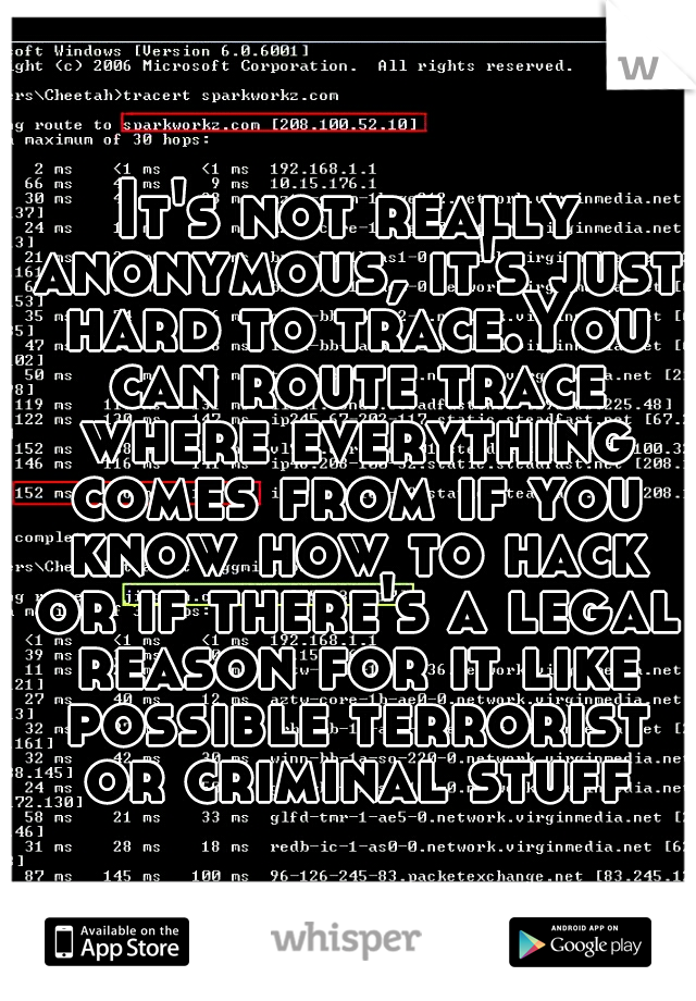 It's not really anonymous, it's just hard to trace.You can route trace where everything comes from if you know how to hack or if there's a legal reason for it like possible terrorist or criminal stuff