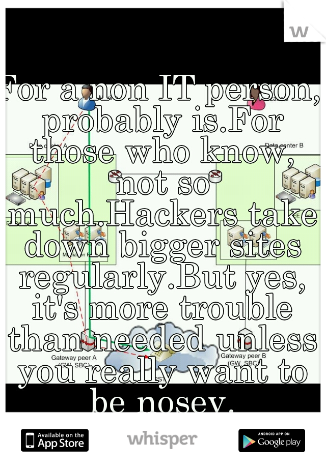 For a non IT person, probably is.For those who know, not so much.Hackers take down bigger sites regularly.But yes, it's more trouble than needed unless you really want to be nosey.