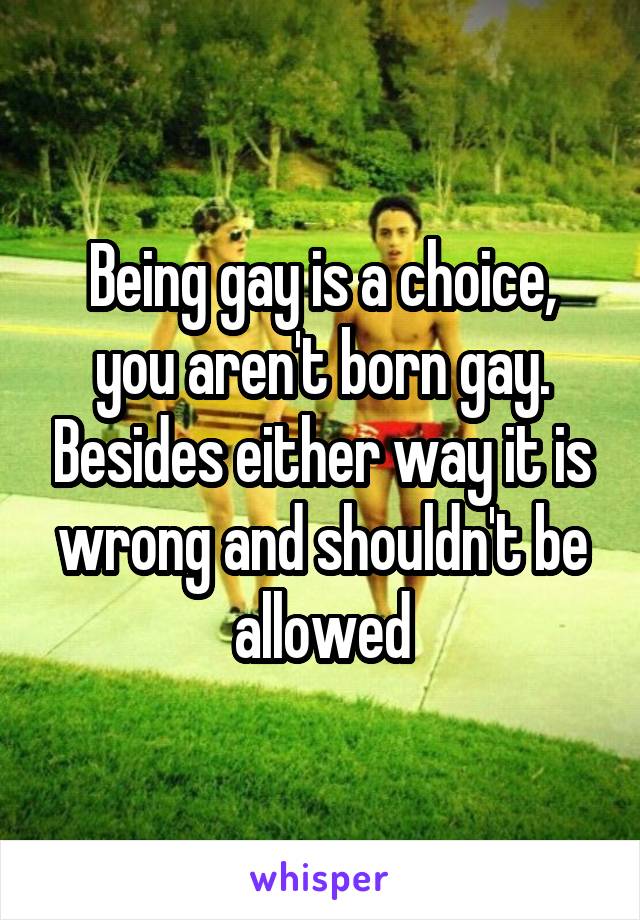Being gay is a choice, you aren't born gay. Besides either way it is wrong and shouldn't be allowed