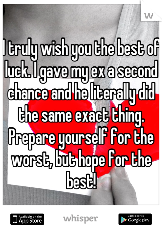 I truly wish you the best of luck. I gave my ex a second chance and he literally did the same exact thing. Prepare yourself for the worst, but hope for the best!