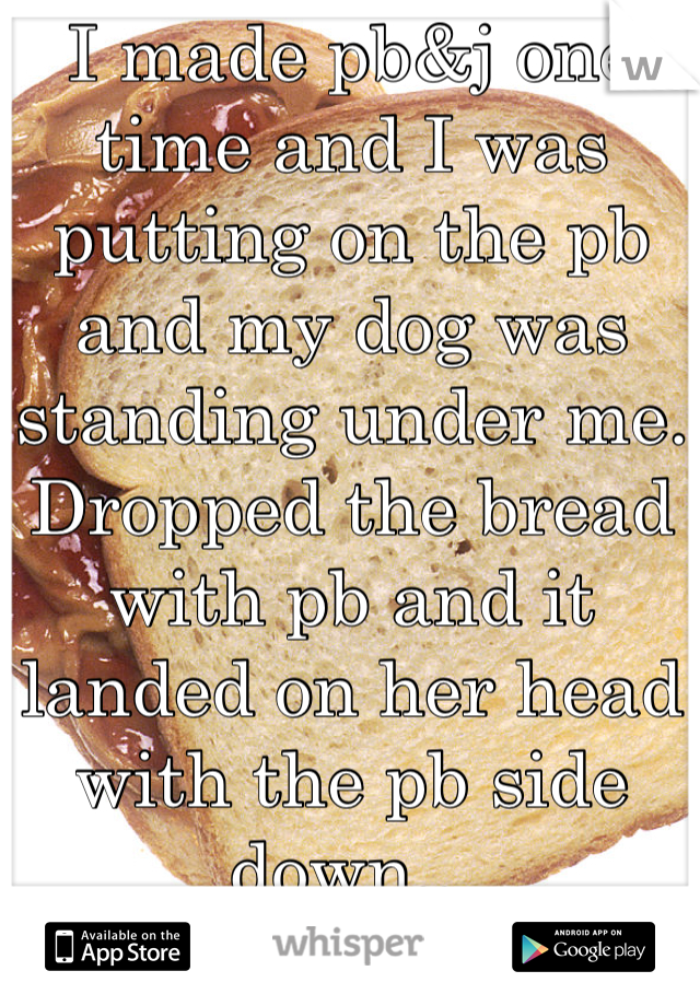 I made pb&j one time and I was putting on the pb and my dog was standing under me. Dropped the bread with pb and it landed on her head with the pb side down.. 