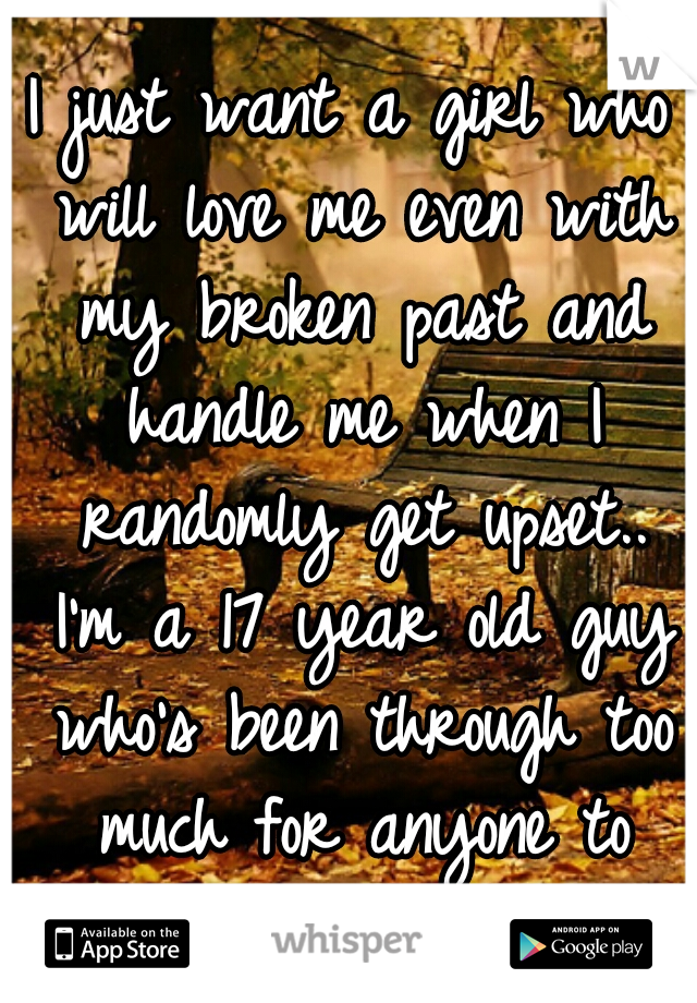 I just want a girl who will love me even with my broken past and handle me when I randomly get upset.. I'm a 17 year old guy who's been through too much for anyone to handle.. 