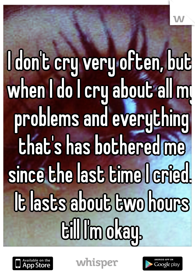 I don't cry very often, but when I do I cry about all my problems and everything that's has bothered me since the last time I cried.. It lasts about two hours till I'm okay.