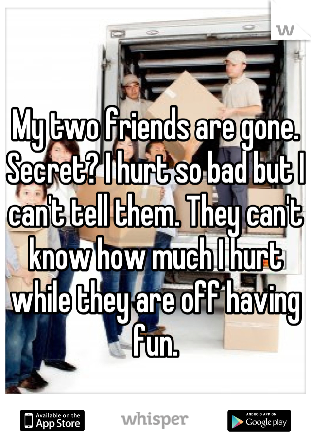 My two friends are gone. Secret? I hurt so bad but I can't tell them. They can't know how much I hurt while they are off having fun.