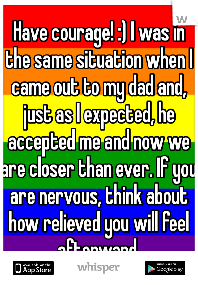 Have courage! :) I was in the same situation when I came out to my dad and, just as I expected, he accepted me and now we are closer than ever. If you are nervous, think about how relieved you will feel afterward. 