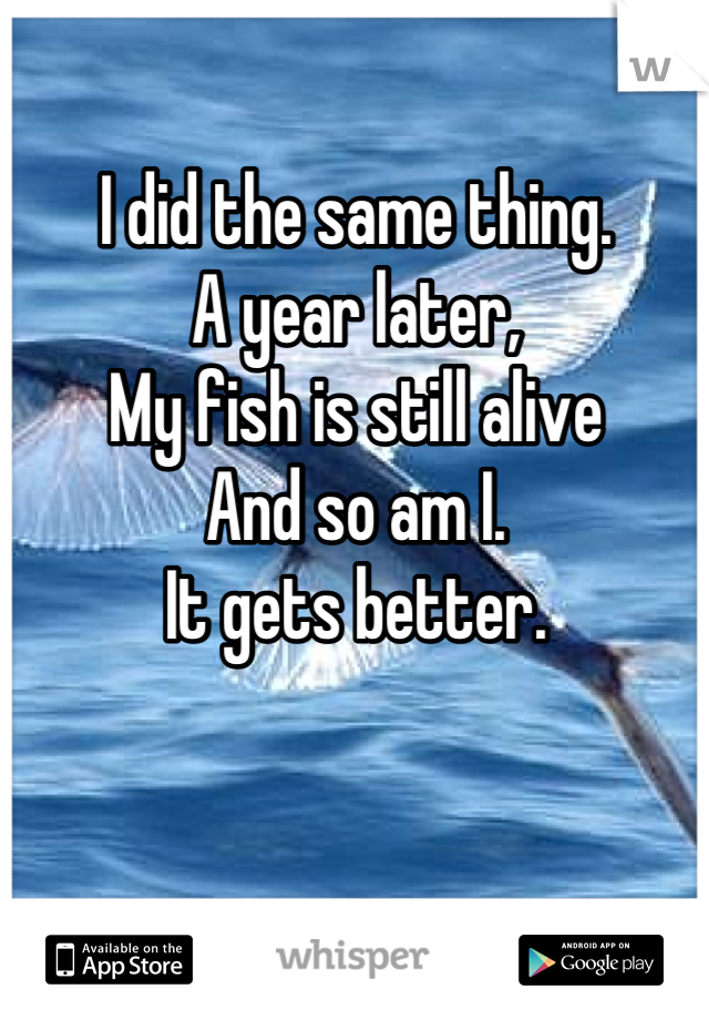 I did the same thing.
A year later, 
My fish is still alive
And so am I.
It gets better.