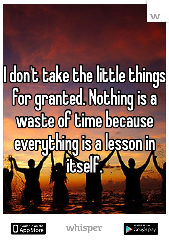 I don't take the little things for granted. Nothing is a waste of time because everything is a lesson in itself.