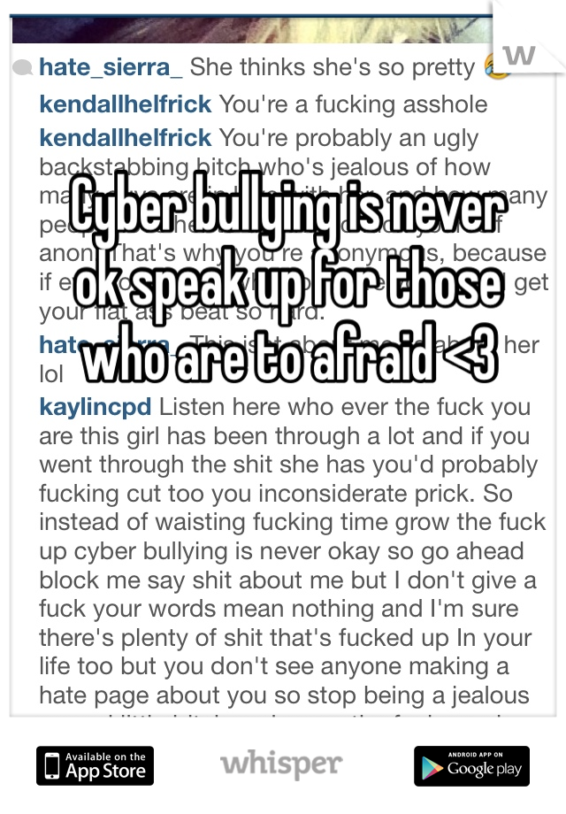 Cyber bullying is never
ok speak up for those 
who are to afraid <3