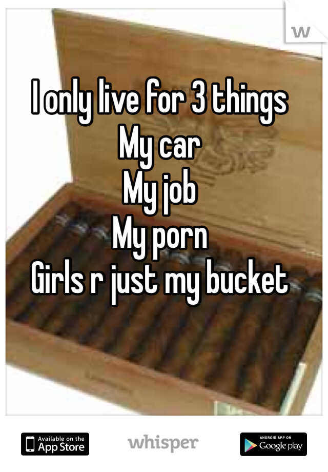 I only live for 3 things 
My car 
My job 
My porn 
Girls r just my bucket 