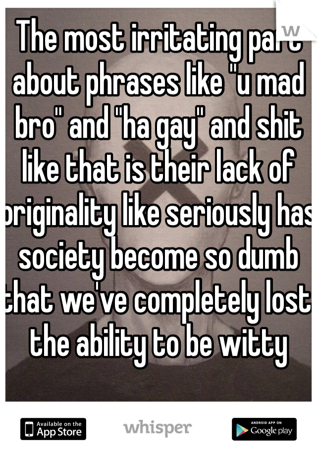 The most irritating part about phrases like "u mad bro" and "ha gay" and shit like that is their lack of originality like seriously has society become so dumb that we've completely lost the ability to be witty 