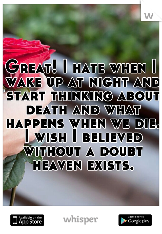 Great! I hate when I wake up at night and start thinking about death and what happens when we die. I wish I believed without a doubt heaven exists.