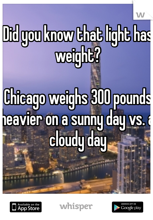 Did you know that light has weight?

Chicago weighs 300 pounds heavier on a sunny day vs. a cloudy day