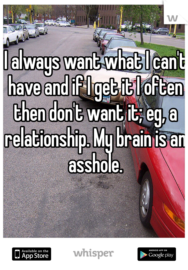 I always want what I can't have and if I get it I often then don't want it; eg, a relationship. My brain is an asshole. 