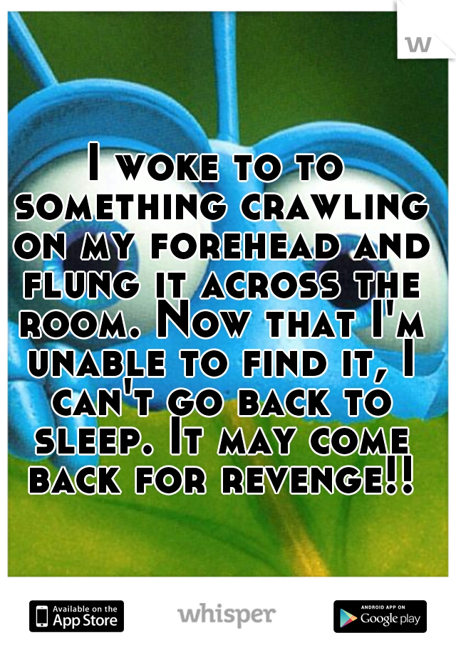 I woke to to something crawling on my forehead and flung it across the room. Now that I'm unable to find it, I can't go back to sleep. It may come back for revenge!!