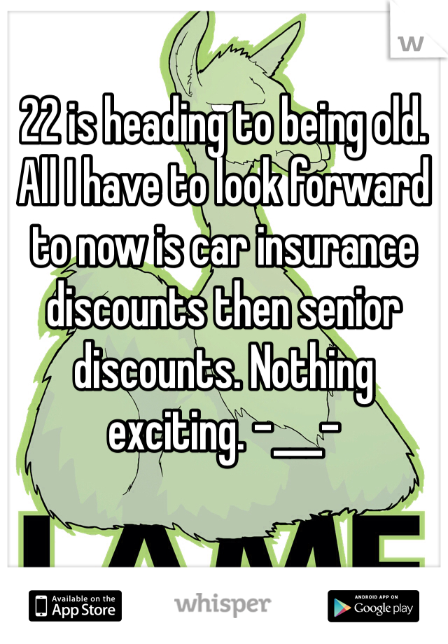 22 is heading to being old. All I have to look forward to now is car insurance discounts then senior discounts. Nothing exciting. -___- 