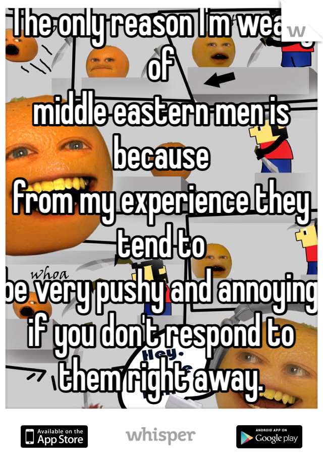 The only reason I'm weary of
middle eastern men is because
from my experience they tend to
be very pushy and annoying if you don't respond to them right away.