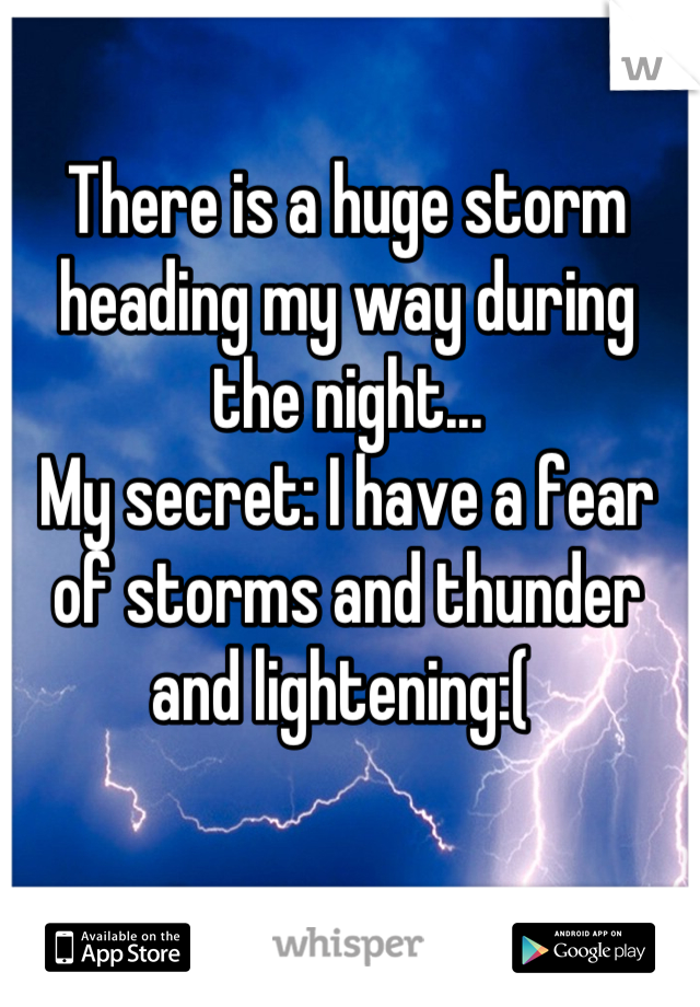 There is a huge storm heading my way during the night...
My secret: I have a fear of storms and thunder and lightening:( 