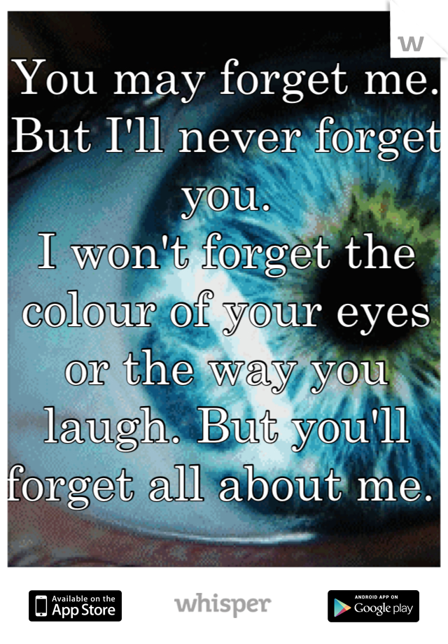 You may forget me. 
But I'll never forget you. 
I won't forget the colour of your eyes or the way you laugh. But you'll forget all about me. 