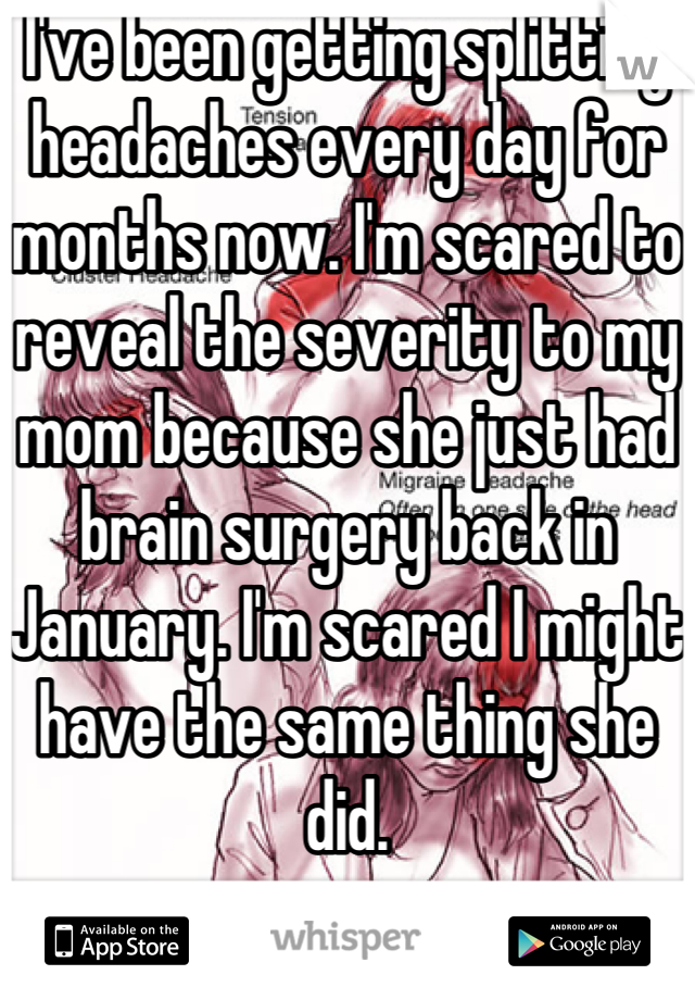 I've been getting splitting headaches every day for months now. I'm scared to reveal the severity to my mom because she just had brain surgery back in January. I'm scared I might have the same thing she did.
