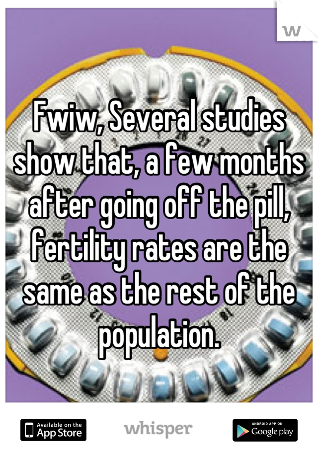 Fwiw, Several studies show that, a few months after going off the pill, fertility rates are the same as the rest of the population.