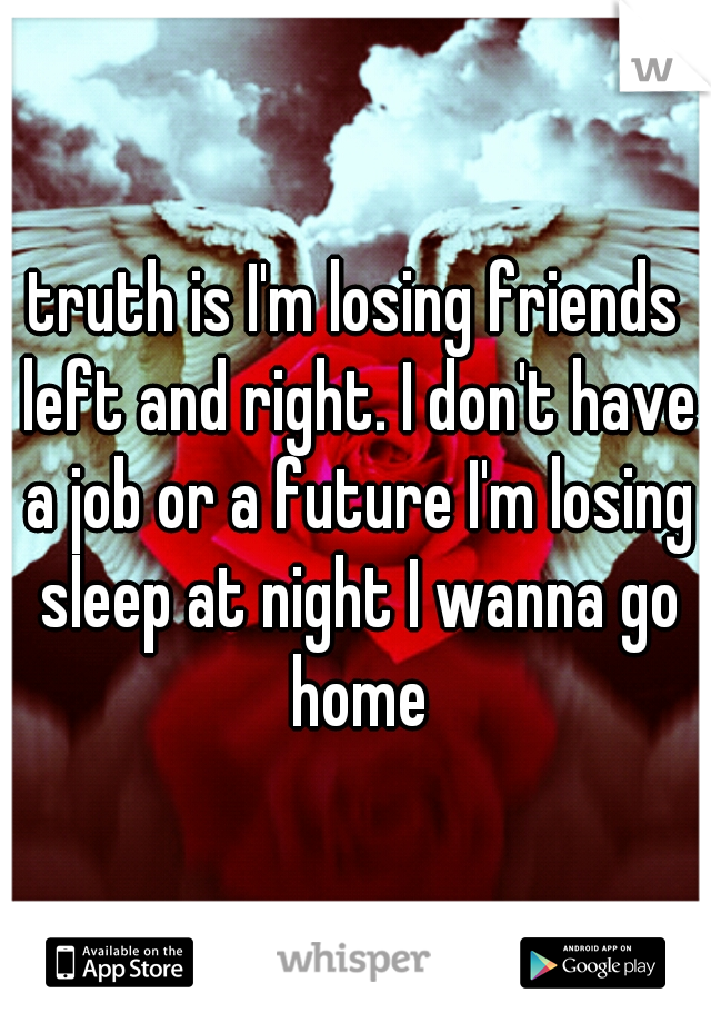 truth is I'm losing friends left and right. I don't have a job or a future I'm losing sleep at night I wanna go home