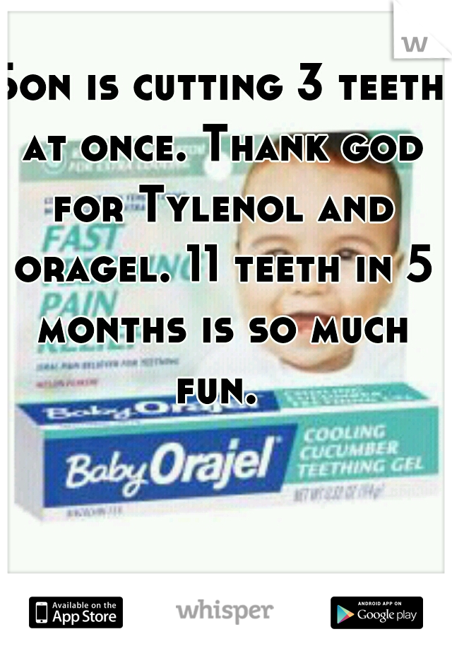 Son is cutting 3 teeth at once. Thank god for Tylenol and oragel. 11 teeth in 5 months is so much fun. 