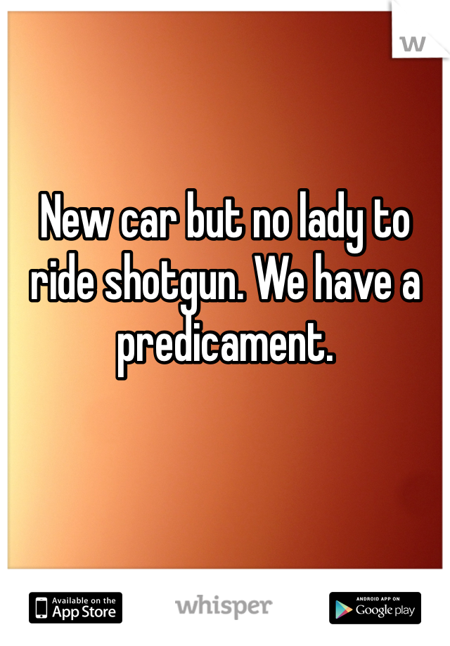 New car but no lady to ride shotgun. We have a predicament. 