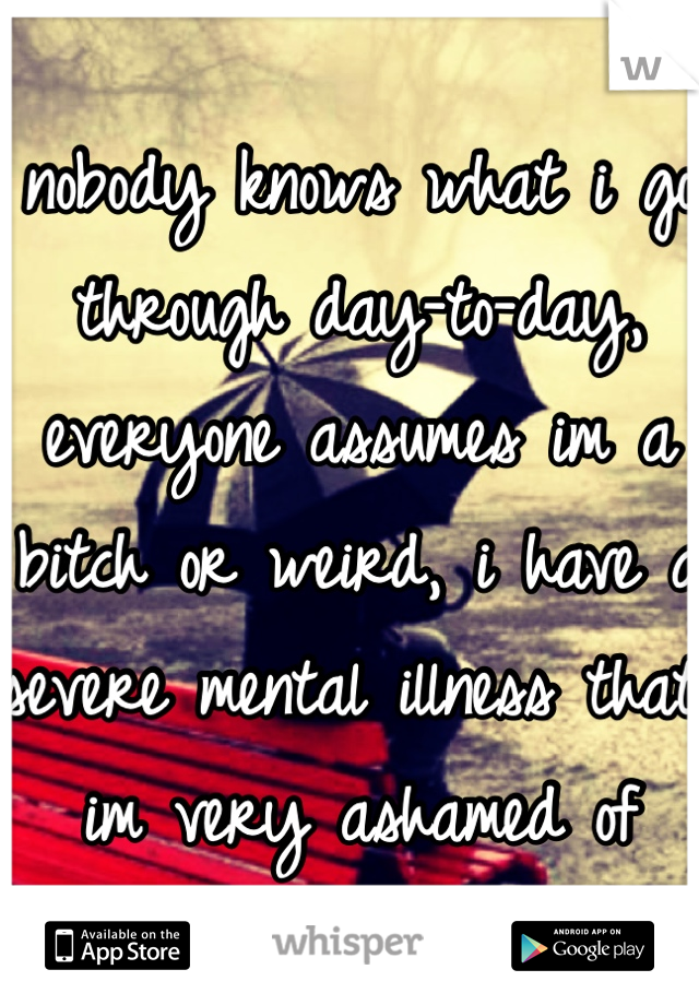 nobody knows what i go through day-to-day, everyone assumes im a bitch or weird, i have a severe mental illness that im very ashamed of 