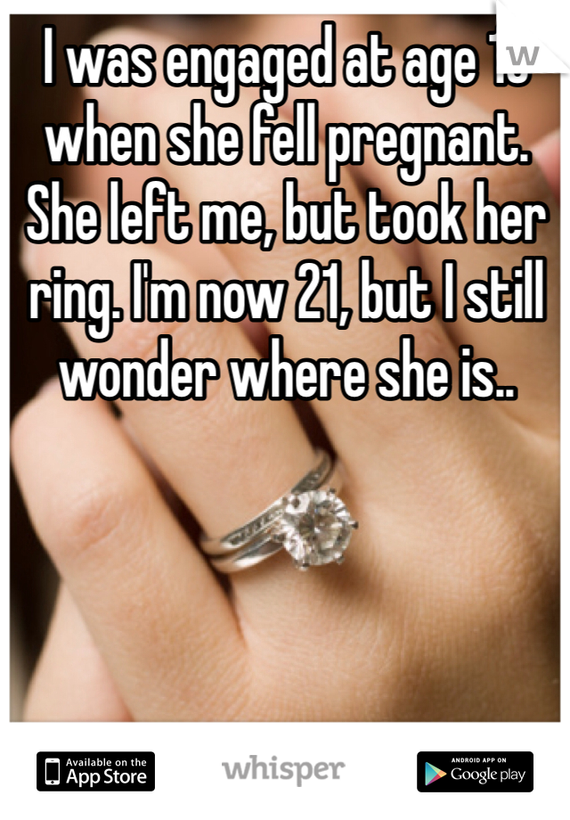 I was engaged at age 19 when she fell pregnant. She left me, but took her ring. I'm now 21, but I still wonder where she is..