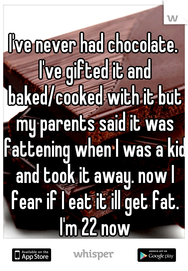I've never had chocolate. I've gifted it and baked/cooked with it but my parents said it was fattening when I was a kid and took it away. now I fear if I eat it ill get fat. I'm 22 now