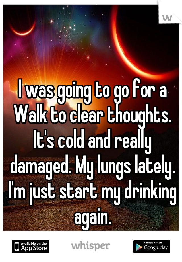 I was going to go for a
Walk to clear thoughts.
It's cold and really damaged. My lungs lately.
I'm just start my drinking again.