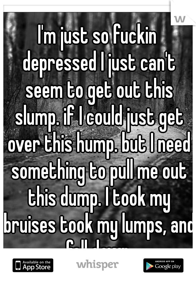 I'm just so fuckin depressed I just can't seem to get out this slump. if I could just get over this hump. but I need something to pull me out this dump. I took my bruises took my lumps, and fell down.