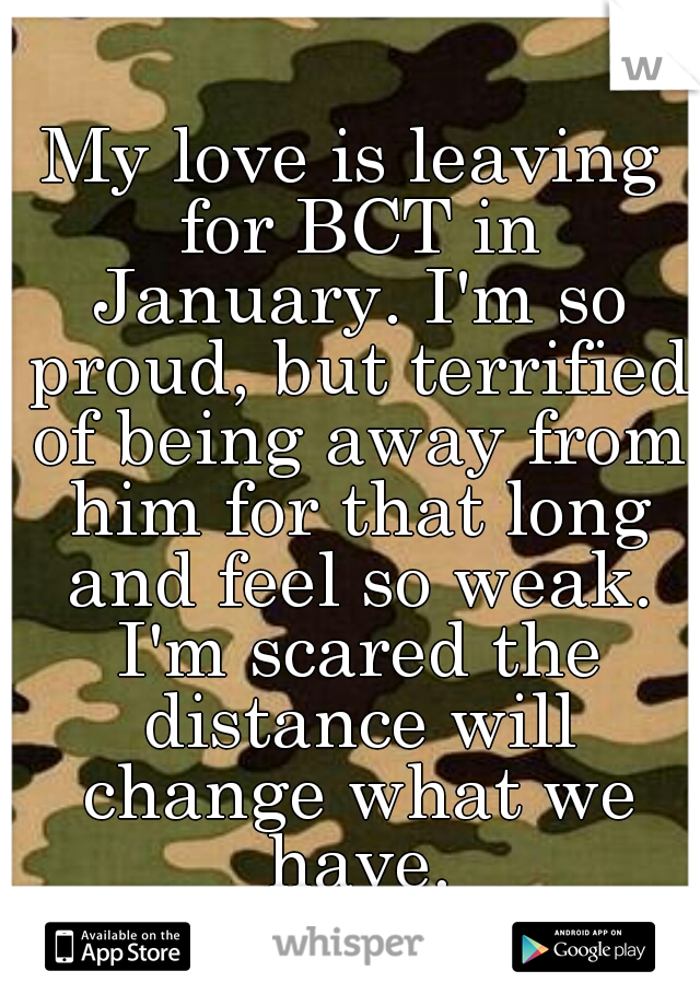 My love is leaving for BCT in January. I'm so proud, but terrified of being away from him for that long and feel so weak. I'm scared the distance will change what we have.