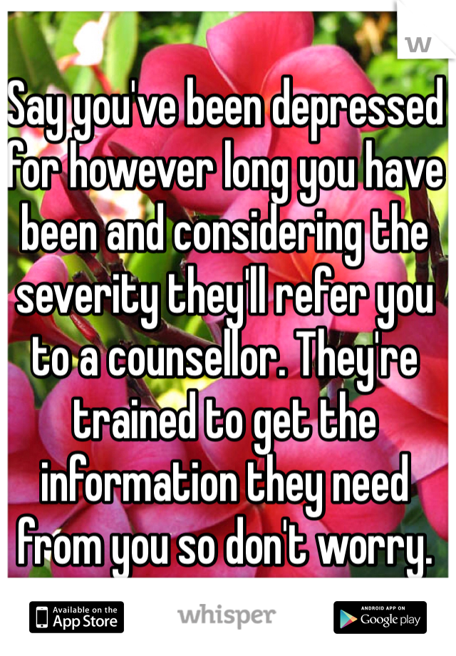 Say you've been depressed for however long you have been and considering the severity they'll refer you to a counsellor. They're trained to get the information they need from you so don't worry. 