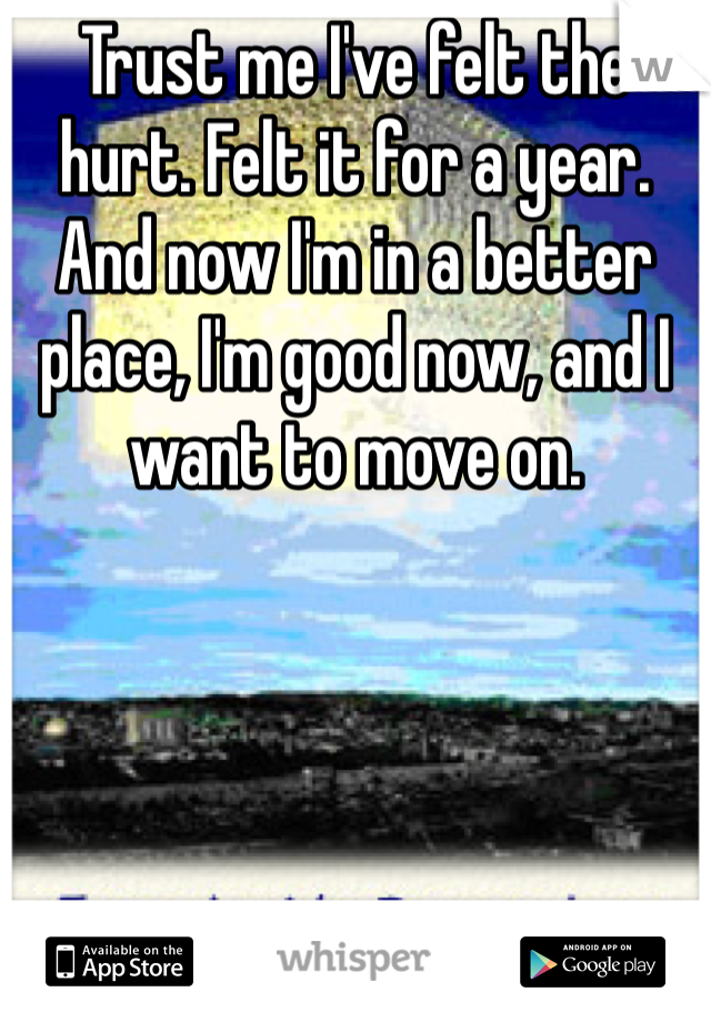 Trust me I've felt the hurt. Felt it for a year. And now I'm in a better place, I'm good now, and I want to move on. 