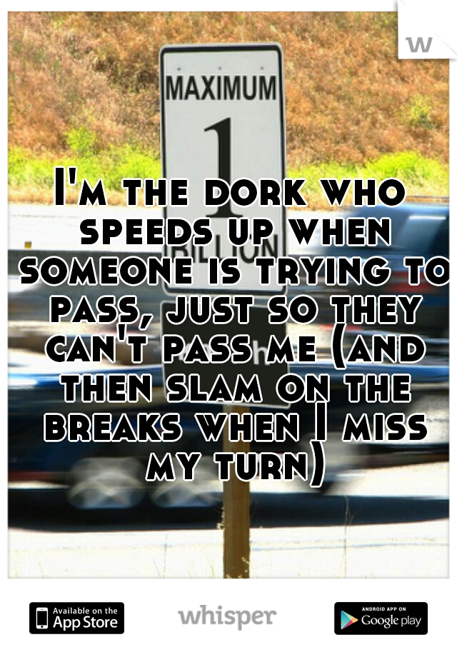 I'm the dork who speeds up when someone is trying to pass, just so they can't pass me (and then slam on the breaks when I miss my turn)