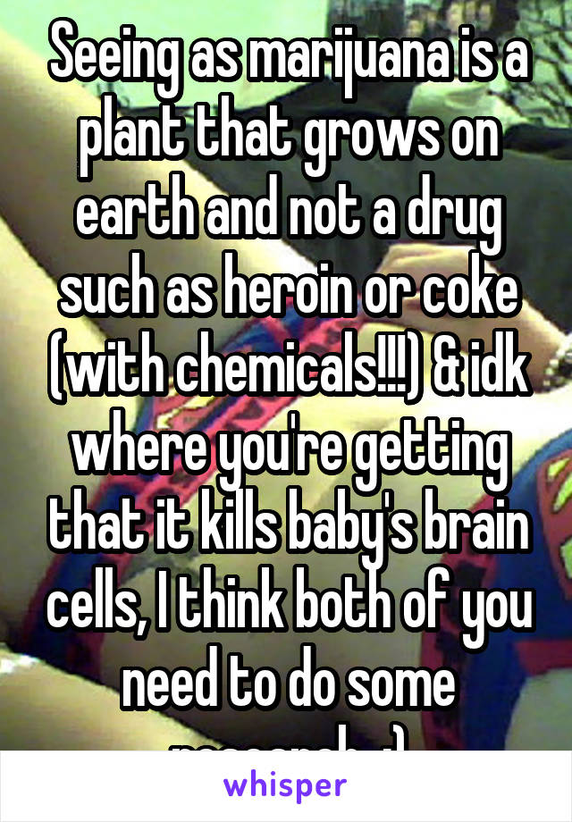 Seeing as marijuana is a plant that grows on earth and not a drug such as heroin or coke (with chemicals!!!) & idk where you're getting that it kills baby's brain cells, I think both of you need to do some research. :)