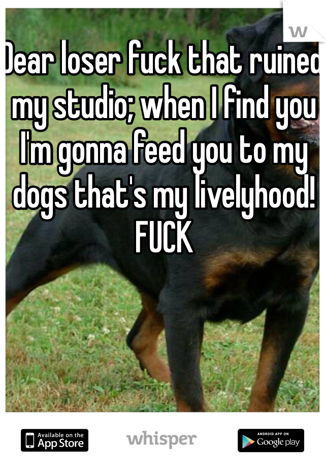 Dear loser fuck that ruined my studio; when I find you I'm gonna feed you to my dogs that's my livelyhood! FUCK