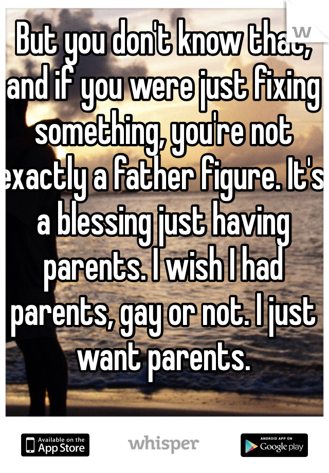 But you don't know that, and if you were just fixing something, you're not exactly a father figure. It's a blessing just having parents. I wish I had parents, gay or not. I just want parents. 