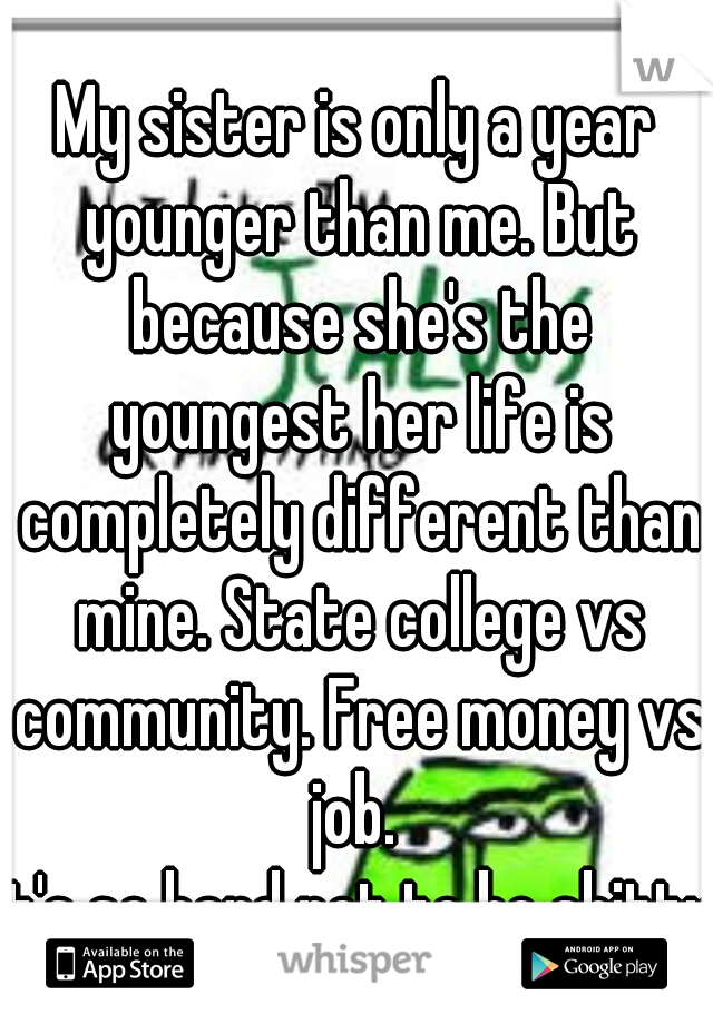 My sister is only a year younger than me. But because she's the youngest her life is completely different than mine. State college vs community. Free money vs job. 
It's so hard not to be shitty
