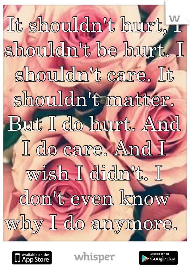 It shouldn't hurt, I shouldn't be hurt. I shouldn't care. It shouldn't matter. But I do hurt. And I do care. And I wish I didn't. I don't even know why I do anymore. 