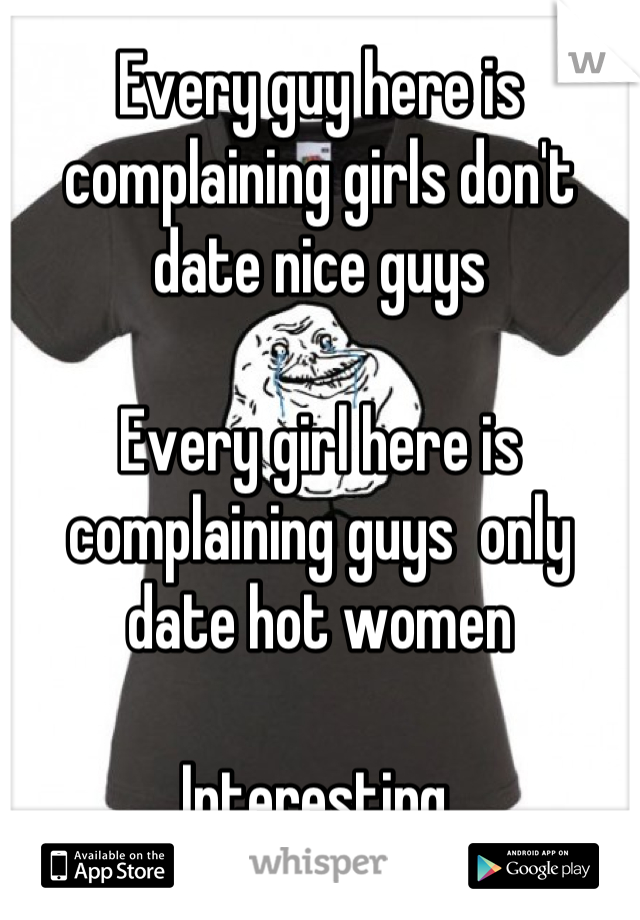 Every guy here is complaining girls don't date nice guys

Every girl here is complaining guys  only date hot women

Interesting.