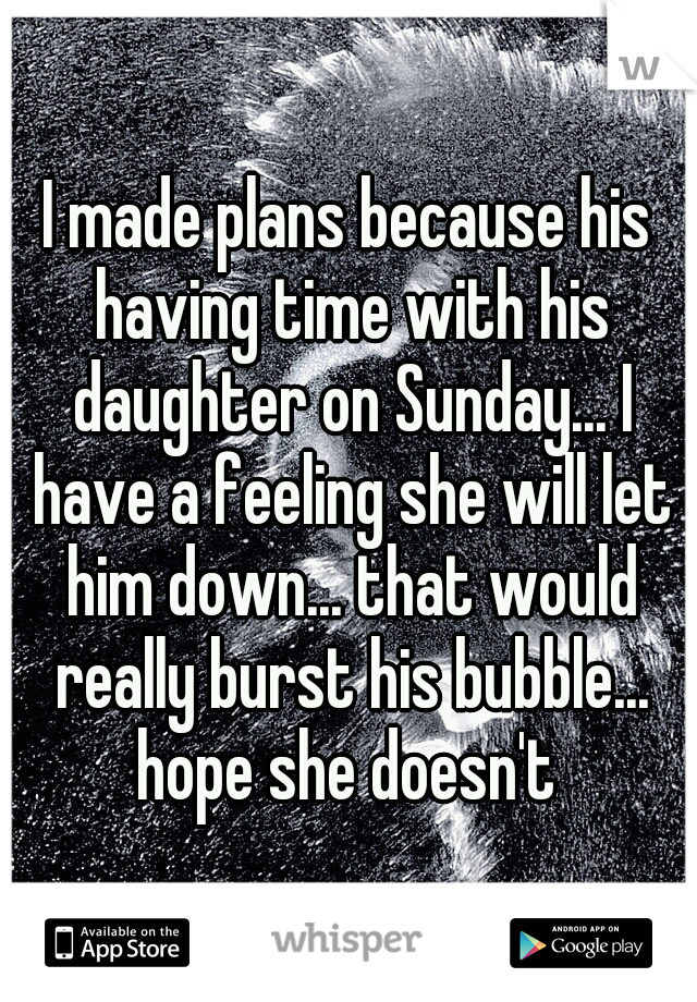 I made plans because his having time with his daughter on Sunday... I have a feeling she will let him down... that would really burst his bubble... hope she doesn't 