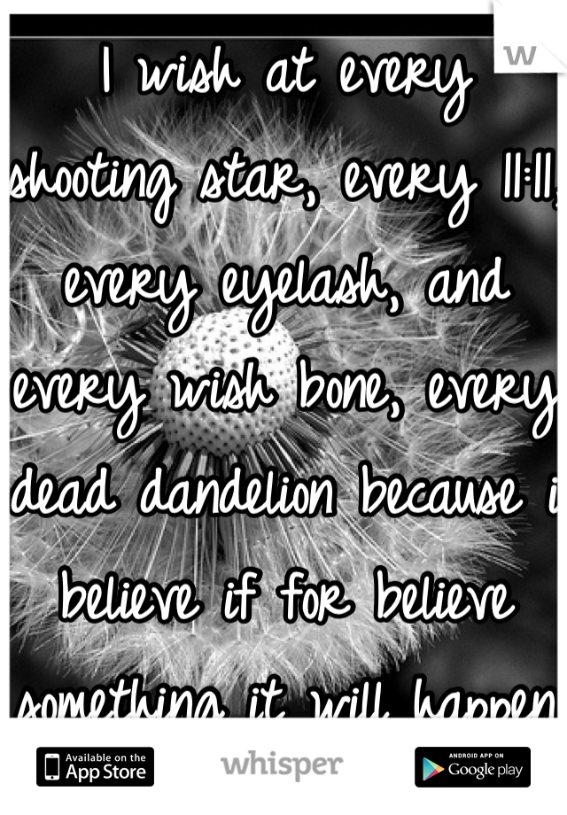I wish at every shooting star, every 11:11, every eyelash, and every wish bone, every dead dandelion because i believe if for believe something it will happen 